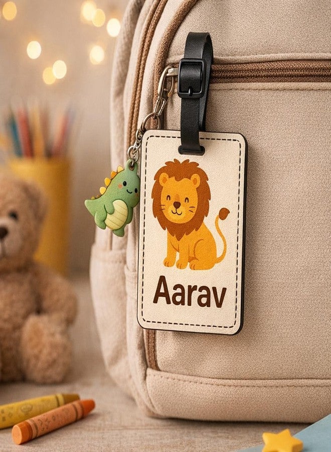 Akaar Decor's Personalized Kids' School Bag Tag with Name | Cute Animal, Princess, Space, Superhero Themes | Acrylic Name Tag for School Bags, Travel, Birthday Return Gifts (Lion) - Image 1