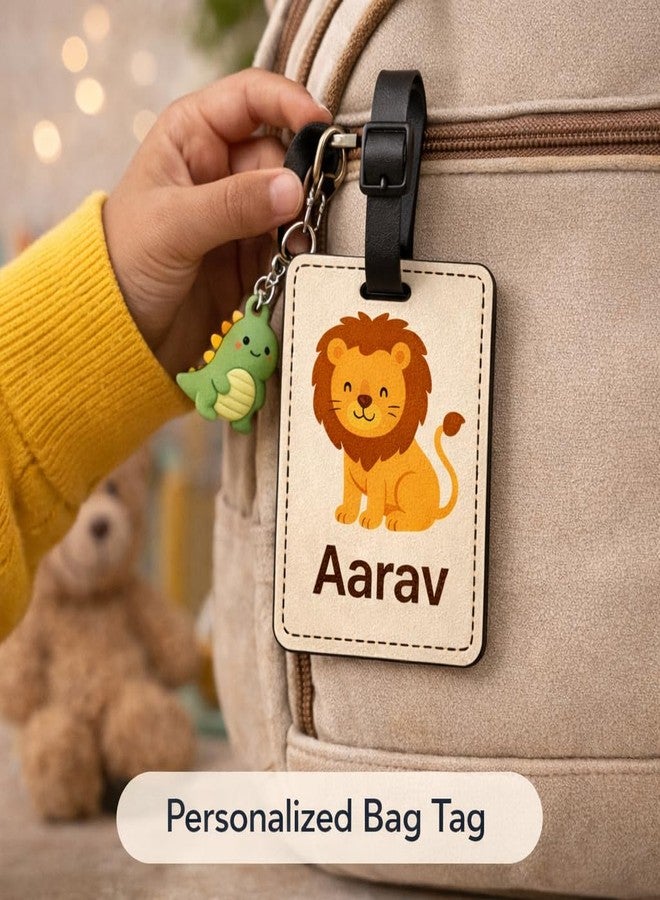 Akaar Decor's Personalized Kids' School Bag Tag with Name | Cute Animal, Princess, Space, Superhero Themes | Acrylic Name Tag for School Bags, Travel, Birthday Return Gifts (Lion) - Image 4