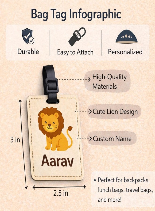 Akaar Decor's Personalized Kids' School Bag Tag with Name | Cute Animal, Princess, Space, Superhero Themes | Acrylic Name Tag for School Bags, Travel, Birthday Return Gifts (Lion) - Image 3