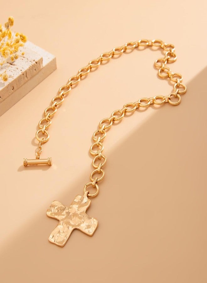 KURTCB Chunky Cross Necklace for Women Statement Chunky Gold Toggle Necklace Earring Bracelet Set Religious Vintage Jewelry(Gold) - Image 2