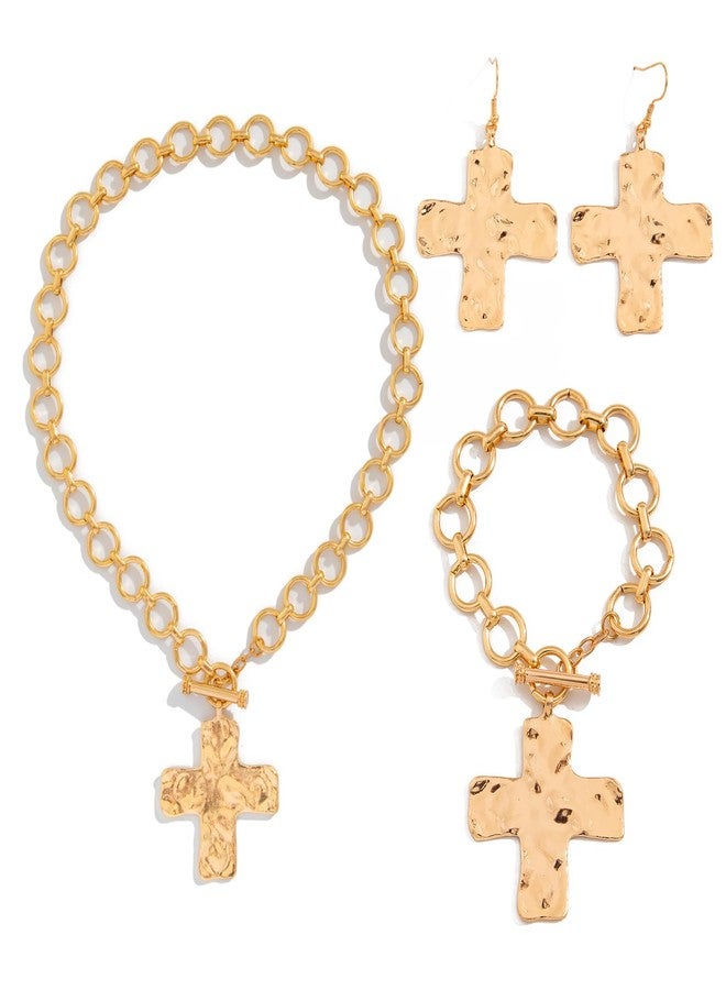 KURTCB Chunky Cross Necklace for Women Statement Chunky Gold Toggle Necklace Earring Bracelet Set Religious Vintage Jewelry(Gold) - Image 1