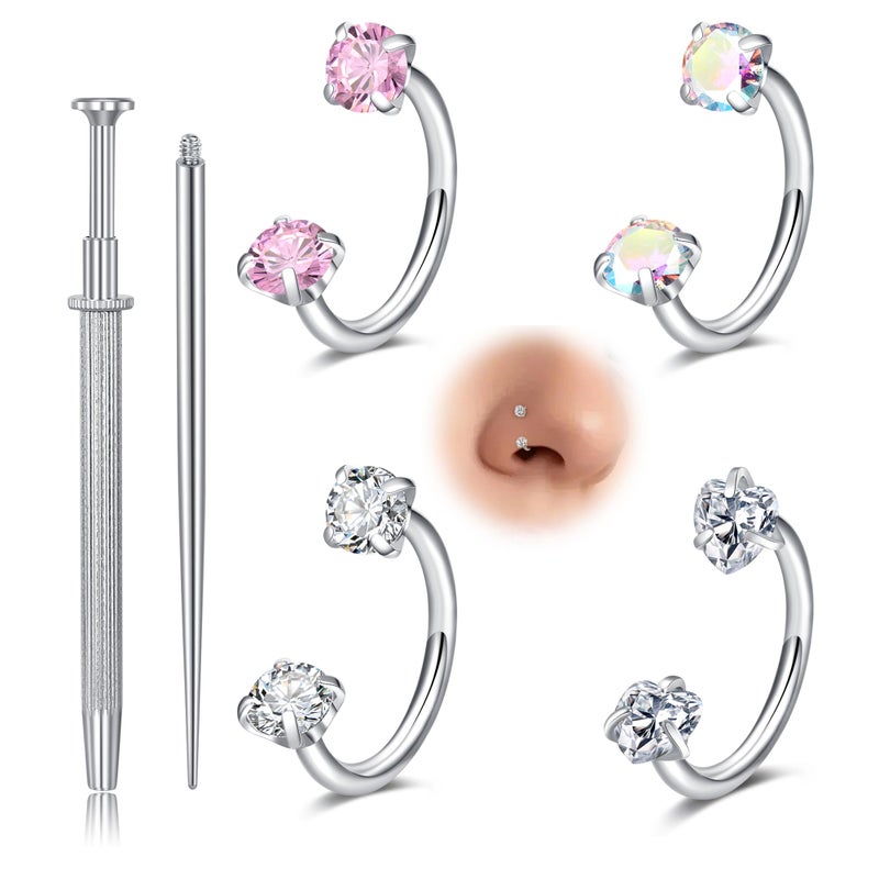 Longita Horseshoe Nose Ring for Women Double Gem Horse Shoe Nose Ring Hoop 18g Surgical Steel Silver Cartilage Helix Tragus Earring Hoops Labret Lip Piercing Jewelry Small Septum Rings 18 Gauge 4pcs - Image 1
