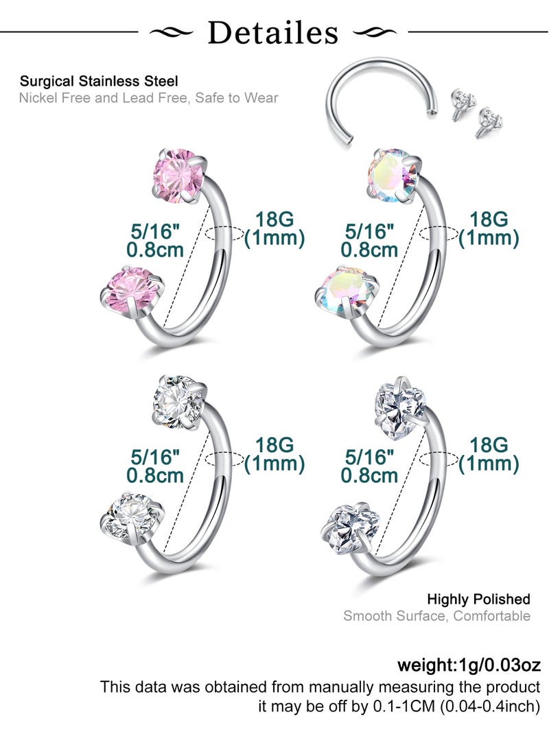 Longita Horseshoe Nose Ring for Women Double Gem Horse Shoe Nose Ring Hoop 18g Surgical Steel Silver Cartilage Helix Tragus Earring Hoops Labret Lip Piercing Jewelry Small Septum Rings 18 Gauge 4pcs - Image 2