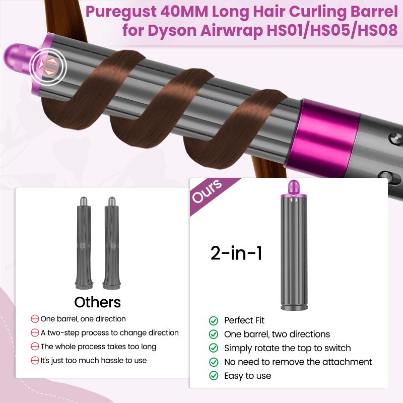 PUREGUST 1.6IN Long Hair Barrels Attachment Compatible with Dyson Airwrap HS01 HS05 HS08 Accessories, Automatic Curling Iron Curlers for Lazy Loose Inward Curls Voluminous Outward Waves - Image 4