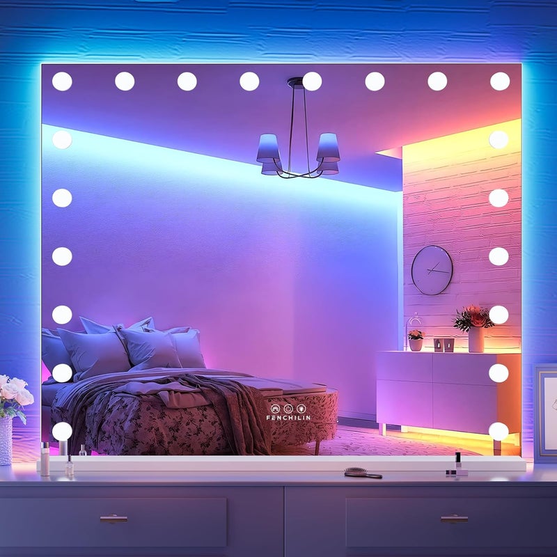 FENCHILIN FENCHILIN RGB LED Vanity Mirror with Front Light and RGB Backlit Lighted Hollywood Makeup Mirror with 18 Dimmable Bulbs Smart Touch for Bedroom (32"x39.37") White 