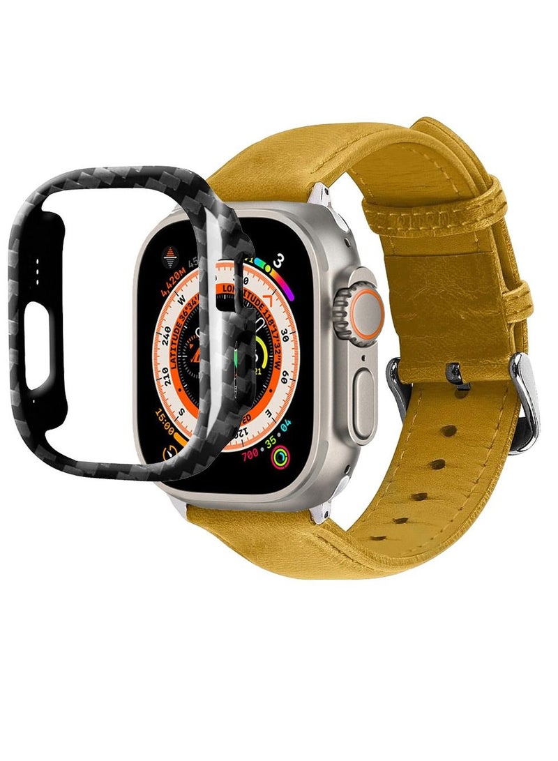 CATANES 2 Packs For Apple Watch Band 49mm Leather Band Buckle Strap Wristband and Carbon Fiber Case Holder Mustard Brown - Image 3
