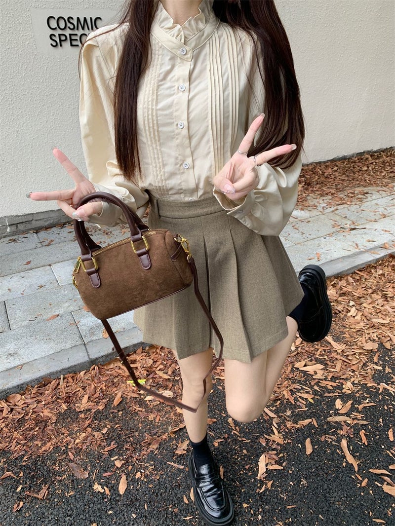 French-style suit Womens Ear-rimmed Shirt Stacked Vest Vest 2024 Spring and Autumn Pleated Skirt Three-piece Set Apricot shirt - Image 1