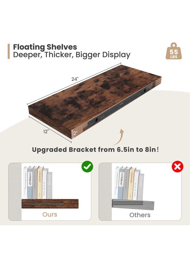 Heimlove 24 x 12 Inch Deep Floating Shelves Wall Mounted with Invisible Brackets,Storage Hanging Shelf for Wall Decor in Bathroom, Bedroom, Kitchen, Living Room, Office Set of 2 (Rustic Brown) - Image 2