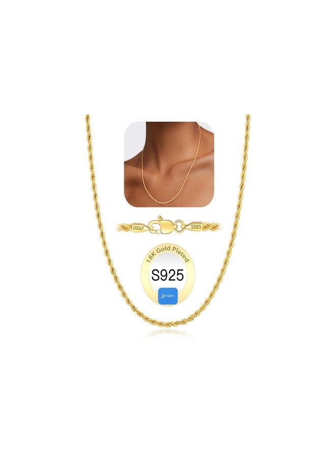 Jewlpire قلادة سلسلة حبلية من Jewlpire، مطلية بالذهب عيار 18 قيراطًا، مصنوعة من الفضة الإسترليني عيار 925، للنساء. سلسلة متينة ومريحة، متوفرة بأطوال 16، 18، 20، 22، 24، 26 بوصة، و22 بوصة. مصنوعة من الفضة الإسترليني، بدون أحجار كريمة. - Image 1