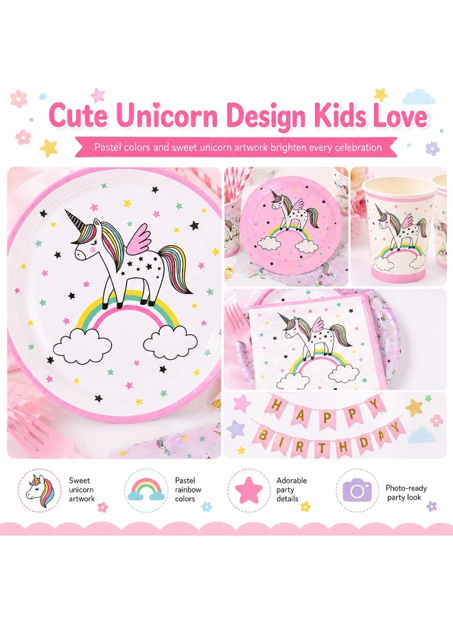 Kidzilla 98 PCS Unicorn Birthday Party Supplies Kit for Girls – Pink Unicorn Theme Party Decorations Set with Plates, Cups, Napkins, Banner, Tablecloth, Straws & Cutlery - Image 4