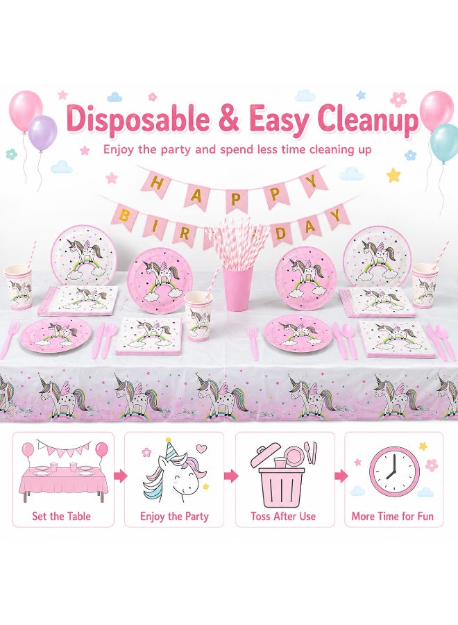 Kidzilla 98 PCS Unicorn Birthday Party Supplies Kit for Girls – Pink Unicorn Theme Party Decorations Set with Plates, Cups, Napkins, Banner, Tablecloth, Straws & Cutlery - Image 2