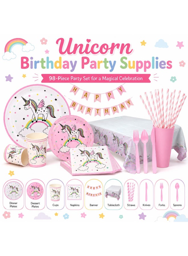Kidzilla 98 PCS Unicorn Birthday Party Supplies Kit for Girls – Pink Unicorn Theme Party Decorations Set with Plates, Cups, Napkins, Banner, Tablecloth, Straws & Cutlery - Image 1