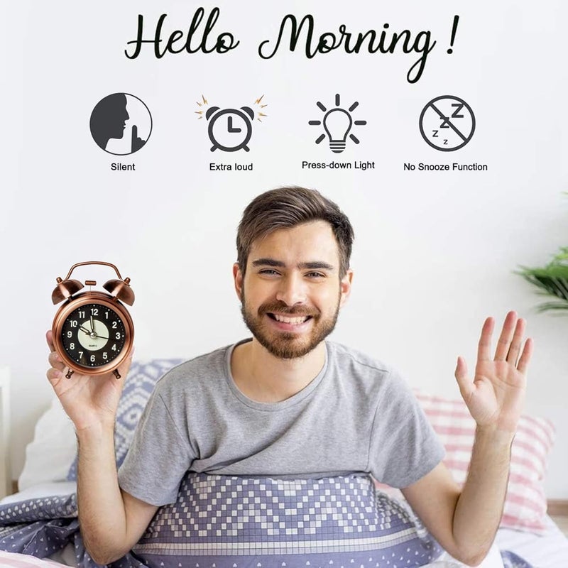KBR Vintage Alarm Clock for Student Heavy Sleepers Super Loud Twin Bell Retro Quartz with Backlight Luminous Alarm for Students BedroomOffice Copper Analog 381 cm - Image 5