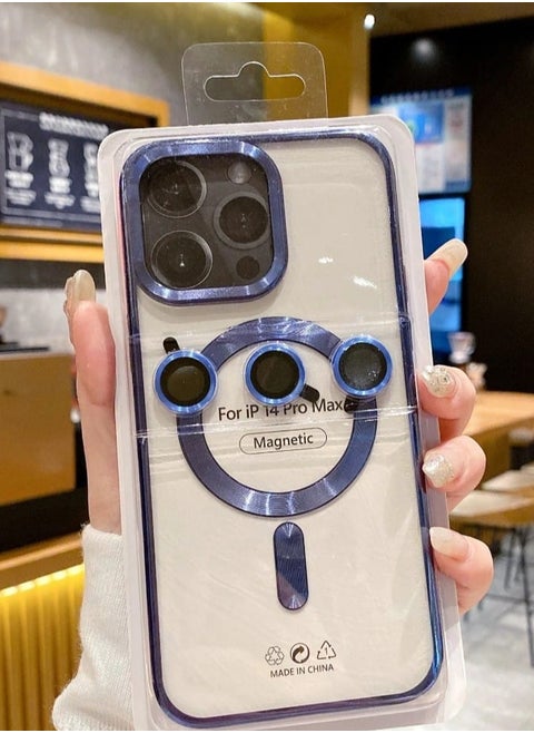 A high-quality case that supports charging the MagSafe in addition to camera lenses the same color as the case compatible with the iPhone 14 Pro Max dark blue color