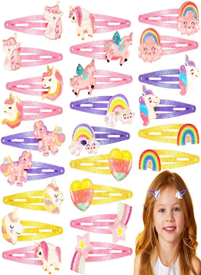 Hanaive 24 Pcs Rainbow Unicorn Clips Metal Clips Butterfly Snap Barrettes Cute Mermaid Hair Pins Sparkly Animal Hair Accessories for Toddlers Little Girls Birthday Party Gifts(Rainbow Pattern) - Image 1