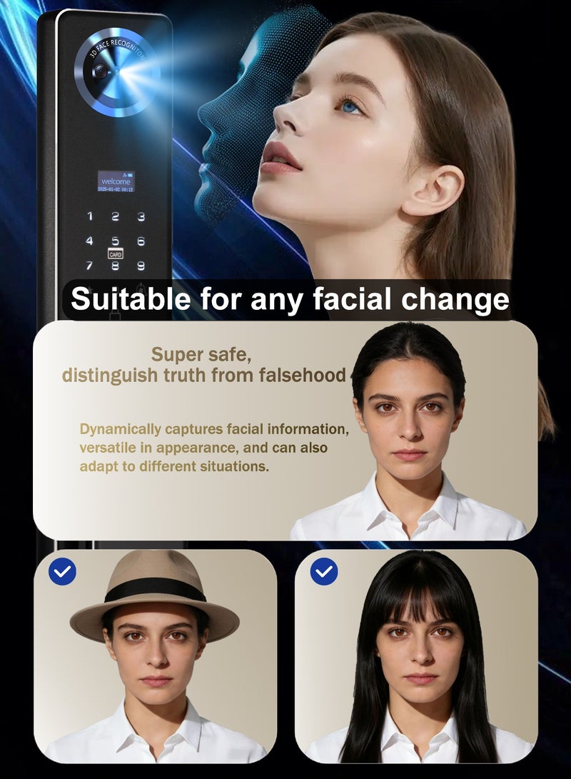 تيكوندريوس قفل باب ذكي Tichondrius TUYA واي فاي – قفل باب بدون مفاتيح 7 في 1، يُفتح بالوجه + عروق اليد + بصمة الإصبع + التحكم عن بُعد عبر التطبيق، جرس باب مرئي مع تصوير فوري بالرادار، شاشة لمس بدعم 9 لغات، طاقة مزدوجة، أسطوانة أمان من المستوى C. - Image 2