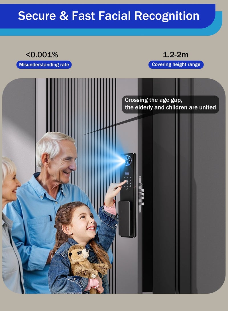تيكوندريوس قفل باب ذكي Tichondrius TUYA واي فاي – قفل باب بدون مفاتيح 7 في 1، يُفتح بالوجه + عروق اليد + بصمة الإصبع + التحكم عن بُعد عبر التطبيق، جرس باب مرئي مع تصوير فوري بالرادار، شاشة لمس بدعم 9 لغات، طاقة مزدوجة، أسطوانة أمان من المستوى C. - Image 4