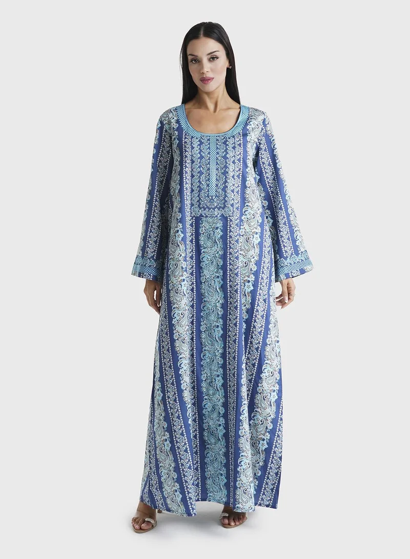 KASHKHA Navy Blue Paisley Motif Printed Cotton Satin Jalabiya (VDM755)