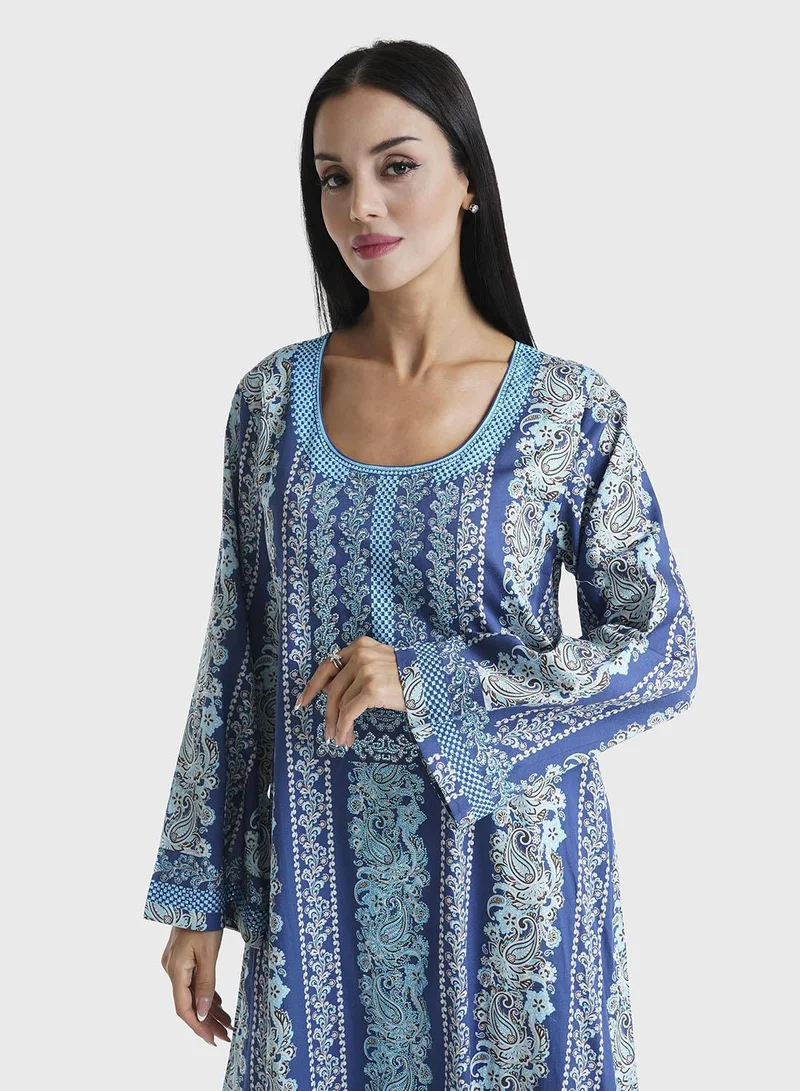 KASHKHA Navy Blue Paisley Motif Printed Cotton Satin Jalabiya (VDM755)