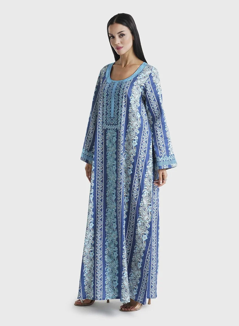Kashkha  Navy Blue Paisley Motif Printed Cotton Satin Jalabiya (VDM755) for Women | Best Price UAE