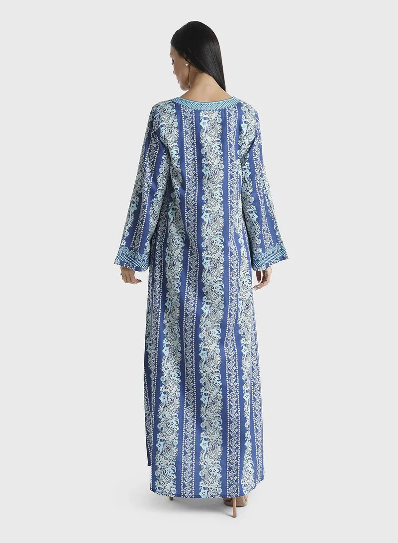 Kashkha  Navy Blue Paisley Motif Printed Cotton Satin Jalabiya (VDM755) for Women | Best Price UAE