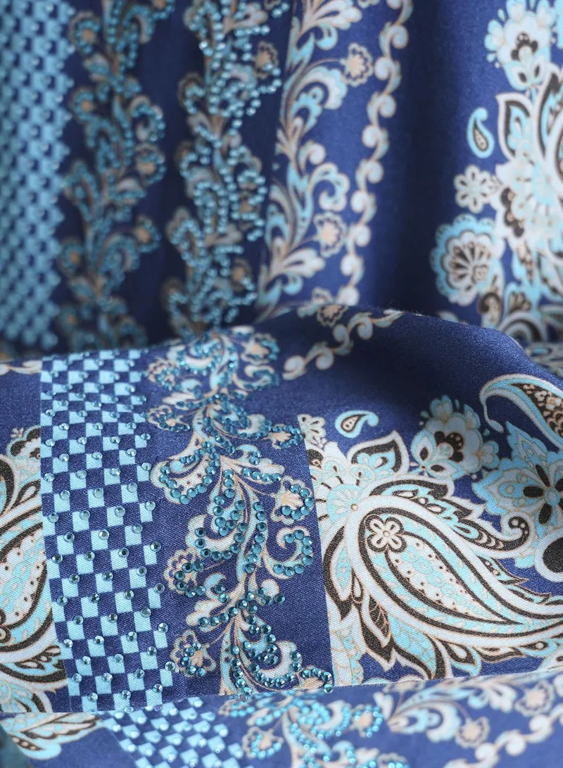 Kashkha  Navy Blue Paisley Motif Printed Cotton Satin Jalabiya (VDM755) for Women | Best Price UAE