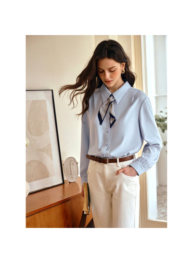 Olrain Eurielle Commuter Elegant Blue Slimming Scarf Shirt Women Autumn New Long Sleeve Blouse Blue M - Image 3