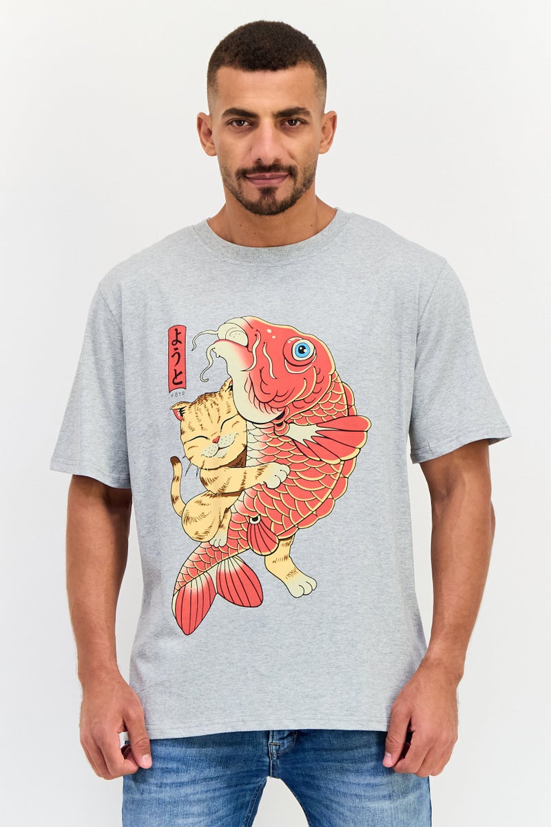 YOTO Men Crew Neck Short Sleeves Graphic Print T-Shirt, Grey - Image 1