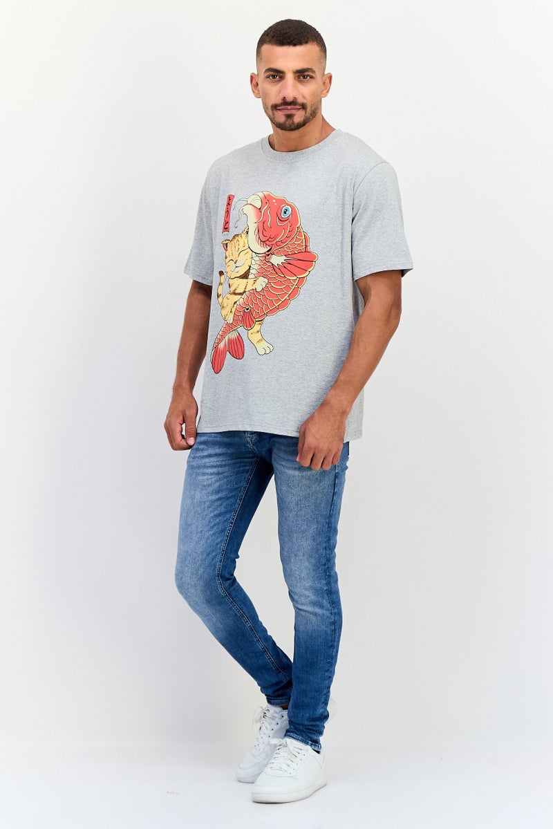 YOTO Men Crew Neck Short Sleeves Graphic Print T-Shirt, Grey - Image 3