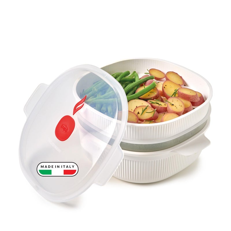 Snips  Microwave Steamer with 2 Baskets  4 LT  Meat Fish and Vegetable Steamer 265 x 22 x 135 cm  Microwave steamer for vegetables White and red  100 Made in Italy  0 BPA