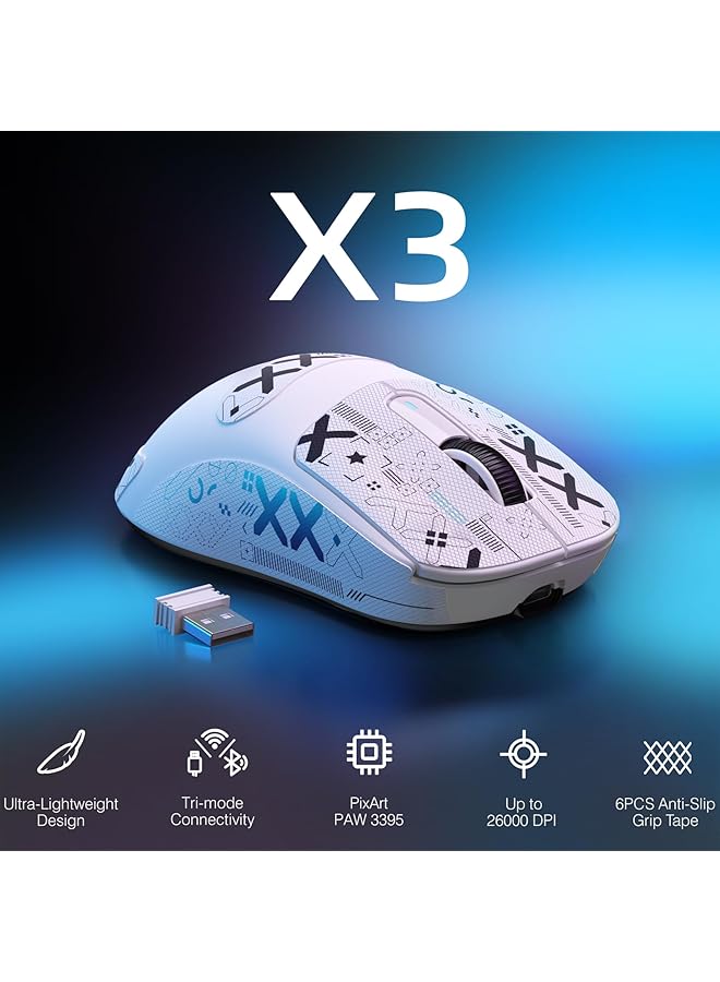 Attack Shark X3 Lightweight Wireless Gaming Mouse With Anti Slip Mouse Grip Tape Self Adhesive Design Elastics Refined Side Grips Sticker Sweat Resistant Pads/Anti Sweat Paste Cut To Fit (White) - Image 4