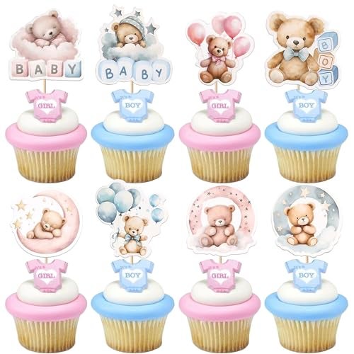 Rsstarxi 40 Pack Baby Bear Cupcake Toppers Pink or Blue Goodnight Bear Cupcake Picks Gender Reveal Theme Cake Decorations for Boy or Girl Baby Shower Kids Birthday Party Supplies - Image 1