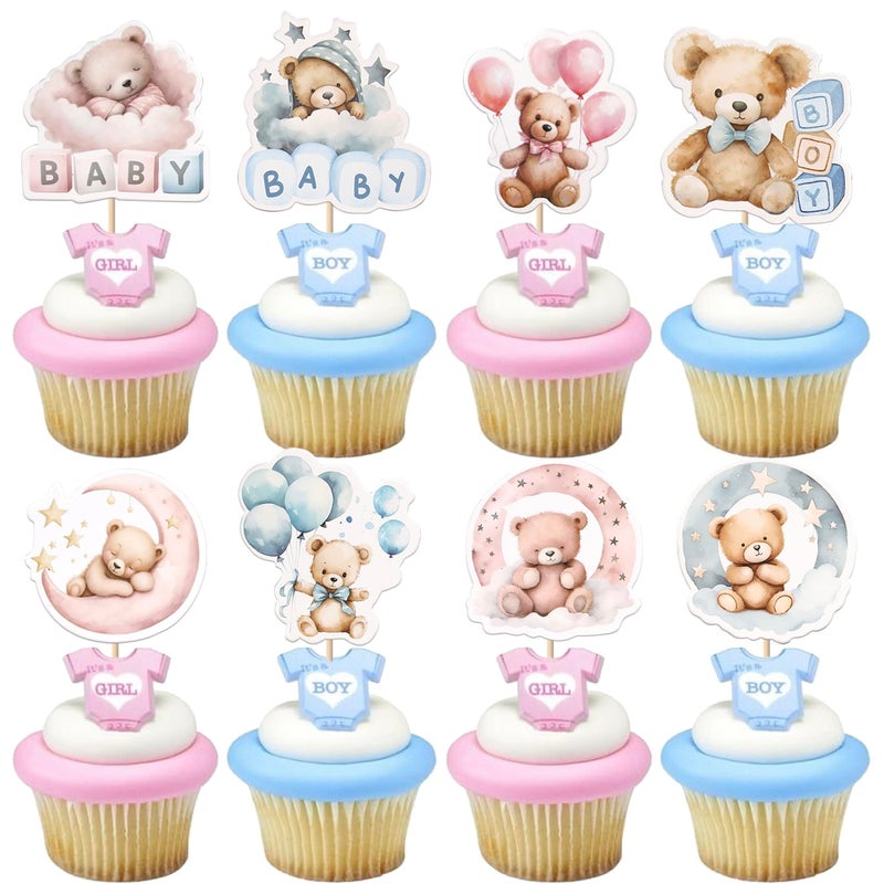 Rsstarxi 40 Pack Baby Bear Cupcake Toppers Pink or Blue Goodnight Bear Cupcake Picks Gender Reveal Theme Cake Decorations for Boy or Girl Baby Shower Kids Birthday Party Supplies - Image 2