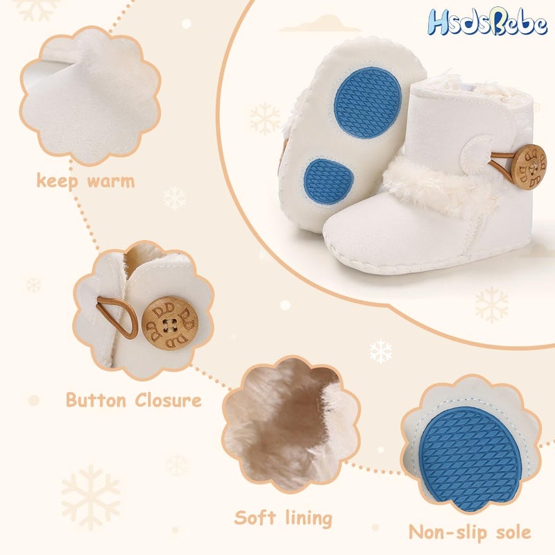 HsdsBebe Isbasic Infant Baby Buttons Snow Boots Anti-Skid Rubber Sole for Toddler Boys Girls Winter Warm Crib Shoes (0-6 Months, A/White) - Image 5