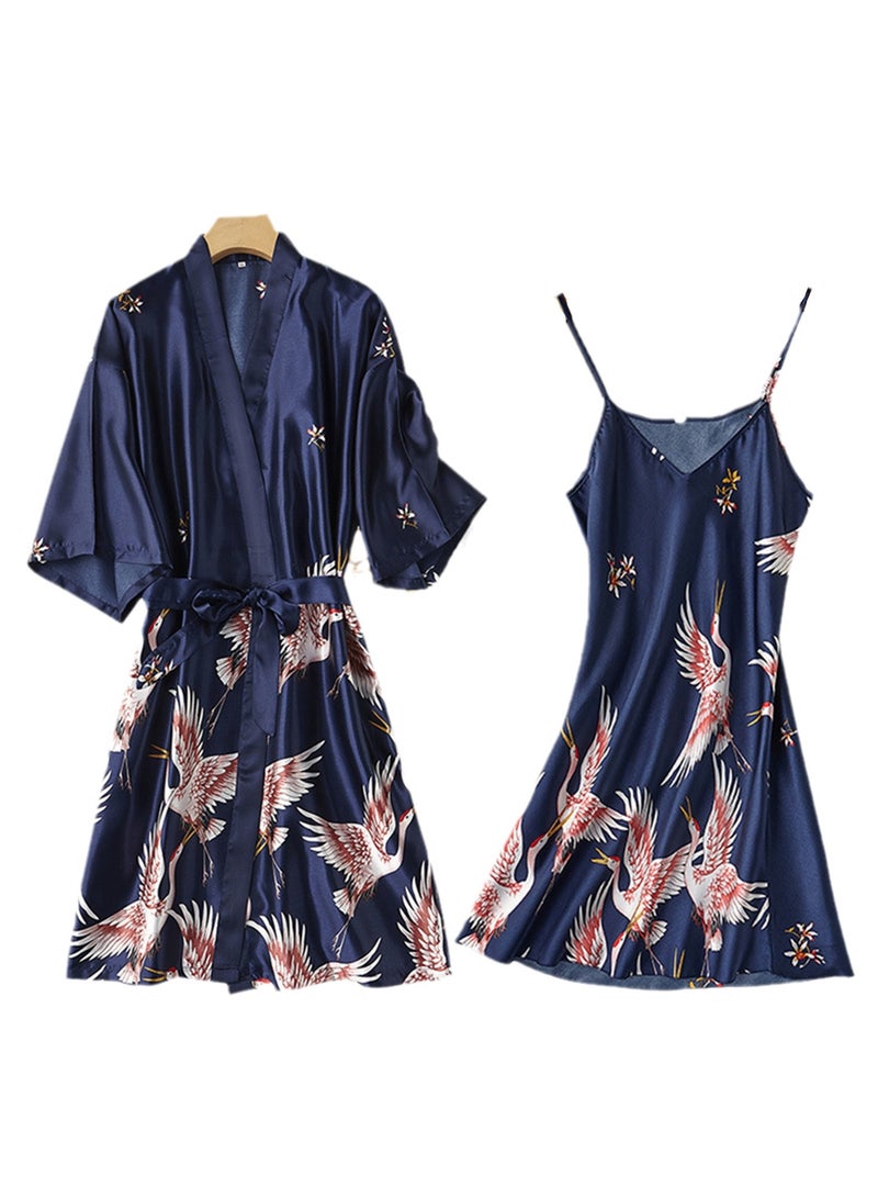 2pcs women's pajamas bathrobe imitation silk suspender crane pajamas - Image 1
