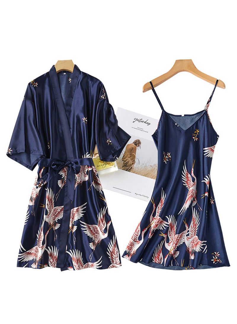 2pcs women's pajamas bathrobe imitation silk suspender crane pajamas - Image 2