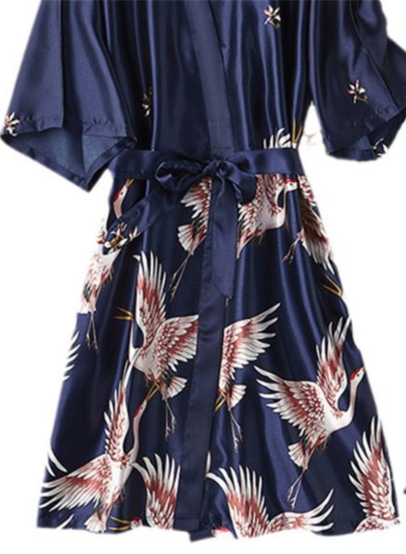 2pcs women's pajamas bathrobe imitation silk suspender crane pajamas - Image 3