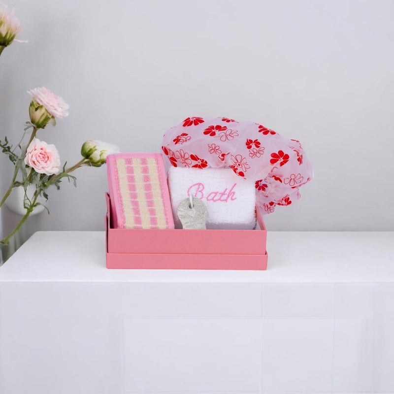 FYCAN 4 In 1 Spa Kit Shower Cap for Bathing Waterproof, Back Scrubber Sponge Pad Shower Straps Bath Loofah Brush Body Relax, Pumice Stone for Foot Exfoliation,Bath Body Skin Soft Sponge-Pink - Image 3
