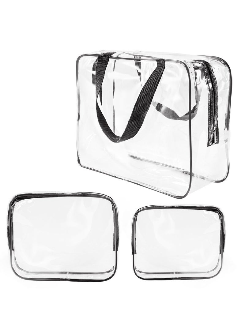 YelaJoy 3Pcs PVC Travel Toiletry Bag Kit for Women Men, Waterproof Vinyl Organizer Makeup Bags with Zipper Handle Straps, Clear Cosmetic Bag Pouch Carry on Airport Airline Compliant Bag Handbag （Black）  - Image 1