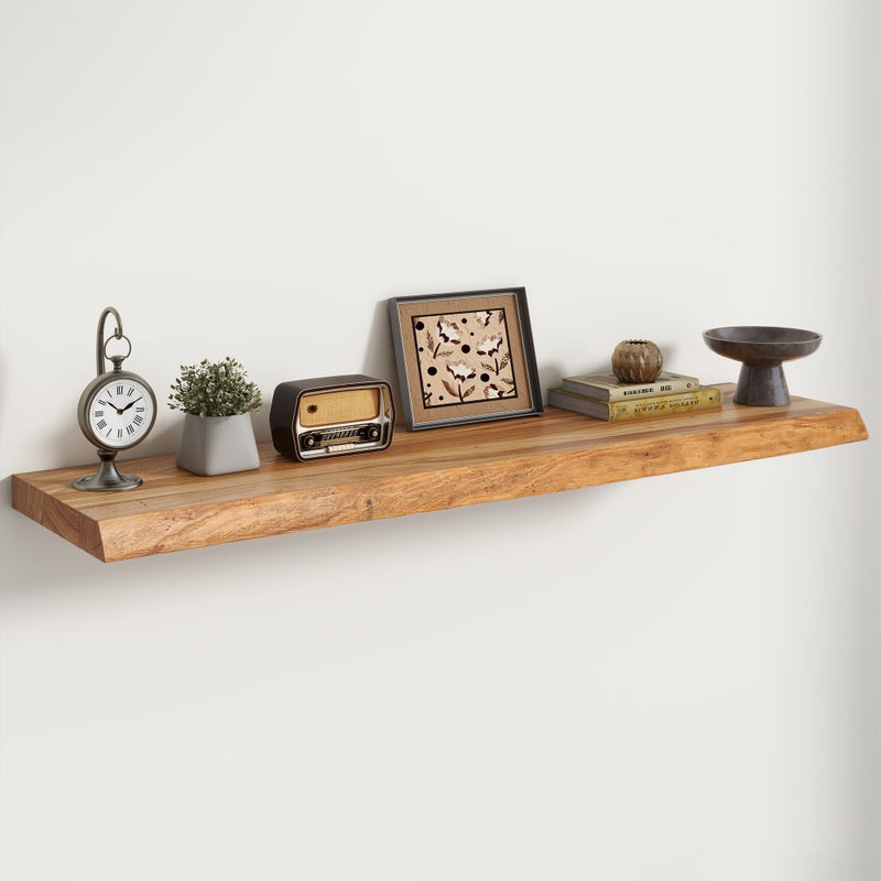 RICHFOCUS Live Edge Elm Floating Shelves - 48" W x 9.3" D Rustic Solid Wood Wall Shelves with Invisible Bracket, Wall-Mounted for Living Room, Bedroom, Kitchen Storage & Display, Set of 1, Natural - Image 1