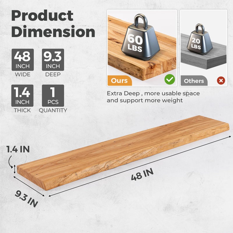 RICHFOCUS Live Edge Elm Floating Shelves - 48" W x 9.3" D Rustic Solid Wood Wall Shelves with Invisible Bracket, Wall-Mounted for Living Room, Bedroom, Kitchen Storage & Display, Set of 1, Natural - Image 2