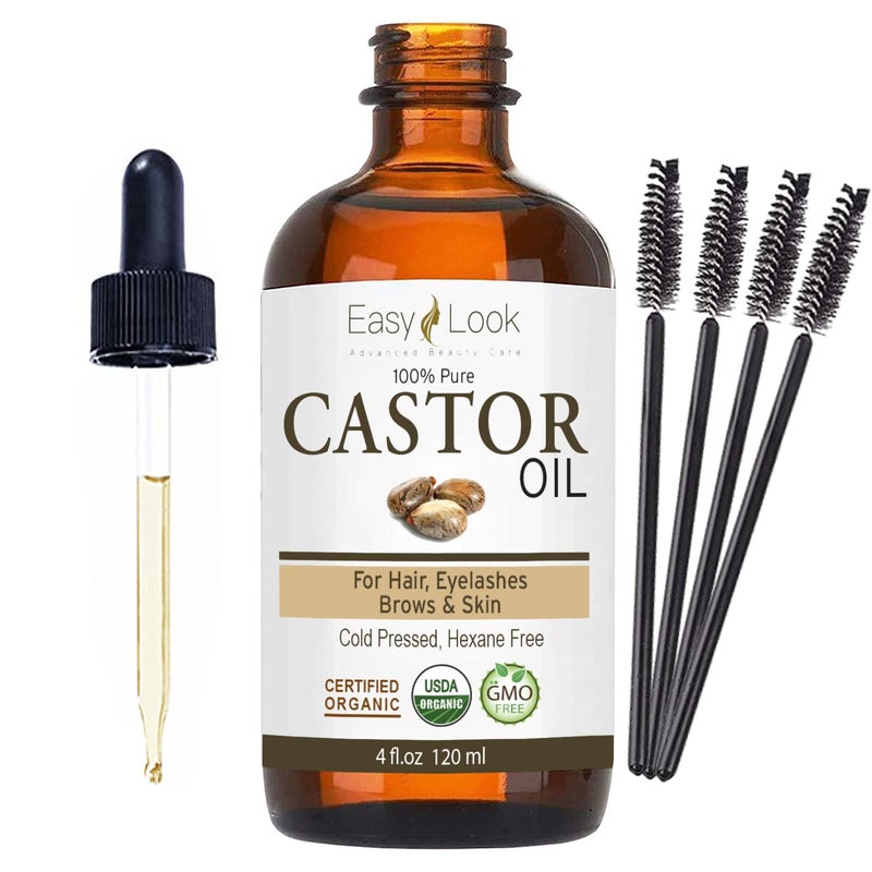 EASY LOOK Castor Oil 4oz, USDA Certified Organic 100% Pure, Stimulate Growth for Eyelashes, Eyebrows, Hair. Skin Moisturizer & Hair Treatment Starter Kit - Image 2