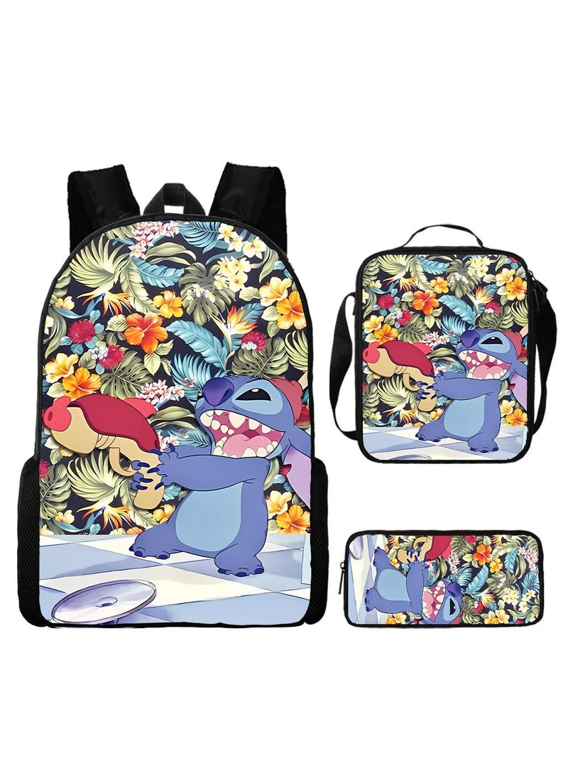 3 Pcs Anime Cartoon Stitch Backpack Set Schoolbag