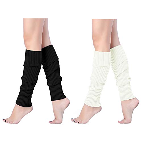 v28 V28Women Winter 80s Eighty's Warm Leg Warmers Knitted Long Socks,2 pack (Black+White) - Image 1