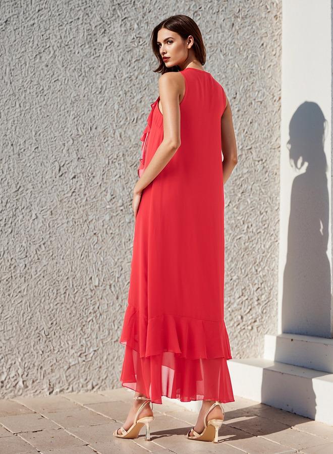 ايكونيك فستان سهرة بدون أكمام بياقة على شكل حرف  وتفاصيل كشكش أيقونية - Image 3