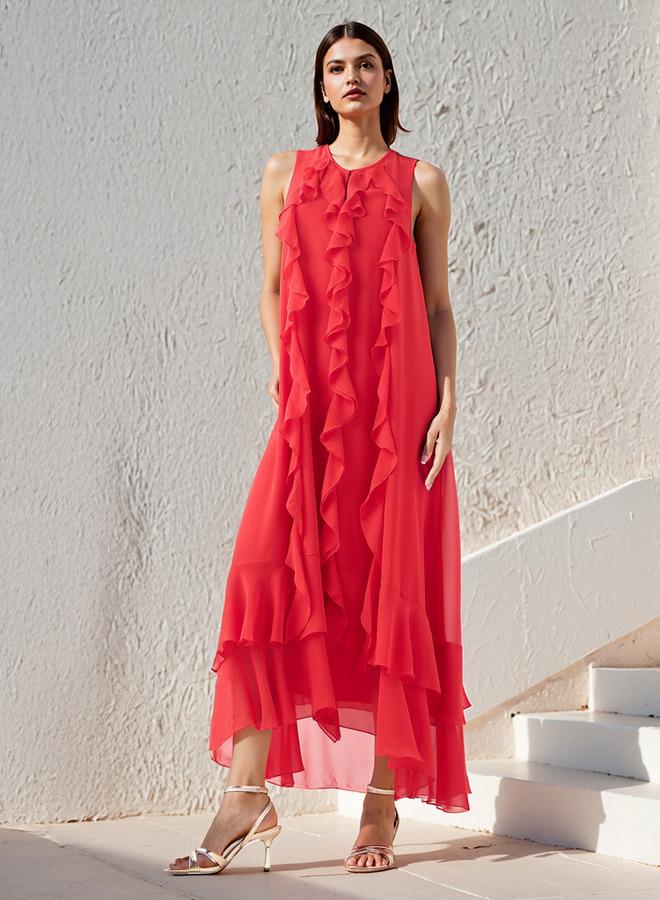 ايكونيك فستان سهرة بدون أكمام بياقة على شكل حرف  وتفاصيل كشكش أيقونية - Image 2