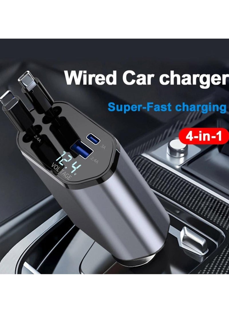 Retractable Car Charger, 4-in-1 Fast Car Phone Charger with 2 Retractable Cable and Type-C & Quick Charge USB Port for iPhone 15/14/13/12Pro Max/XR/XS,Galaxy,Pixel  - Image 1