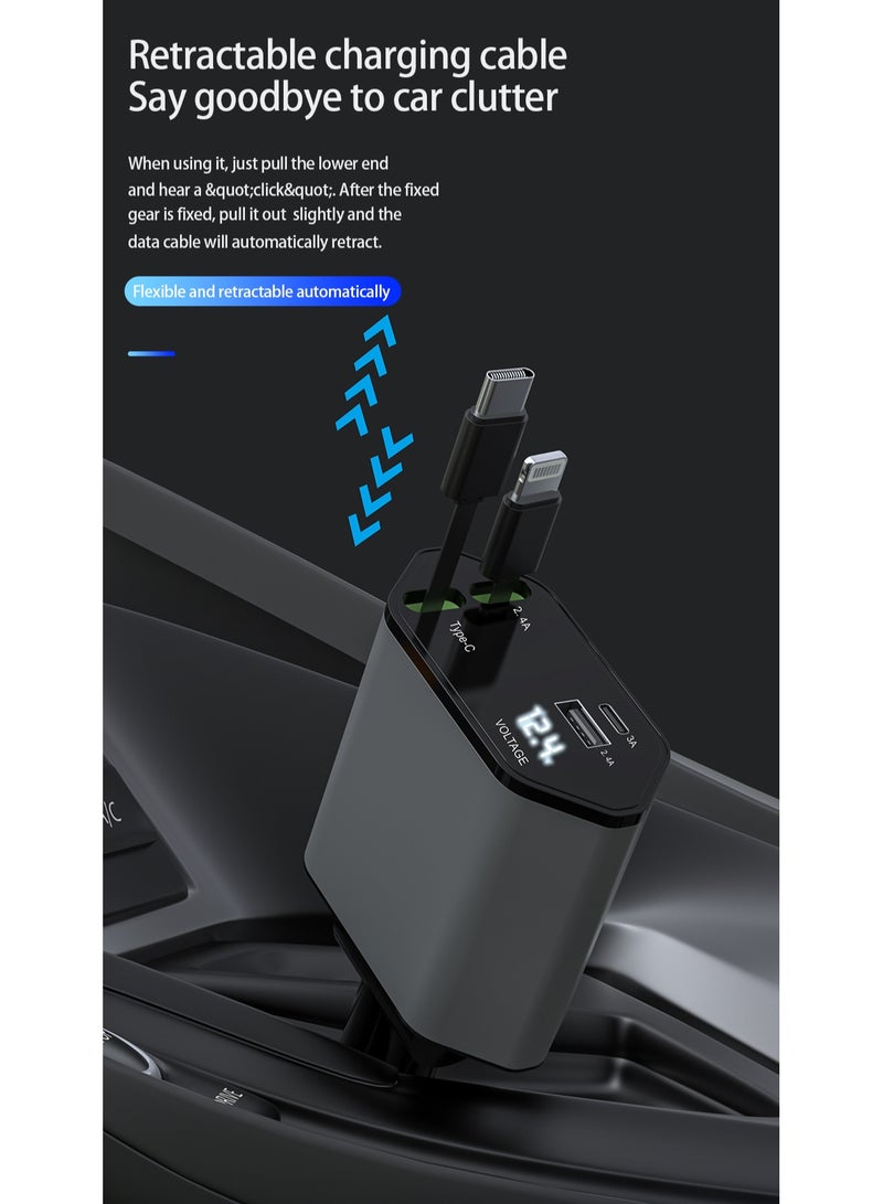 Retractable Car Charger, 4-in-1 Fast Car Phone Charger with 2 Retractable Cable and Type-C & Quick Charge USB Port for iPhone 15/14/13/12Pro Max/XR/XS,Galaxy,Pixel  - Image 4