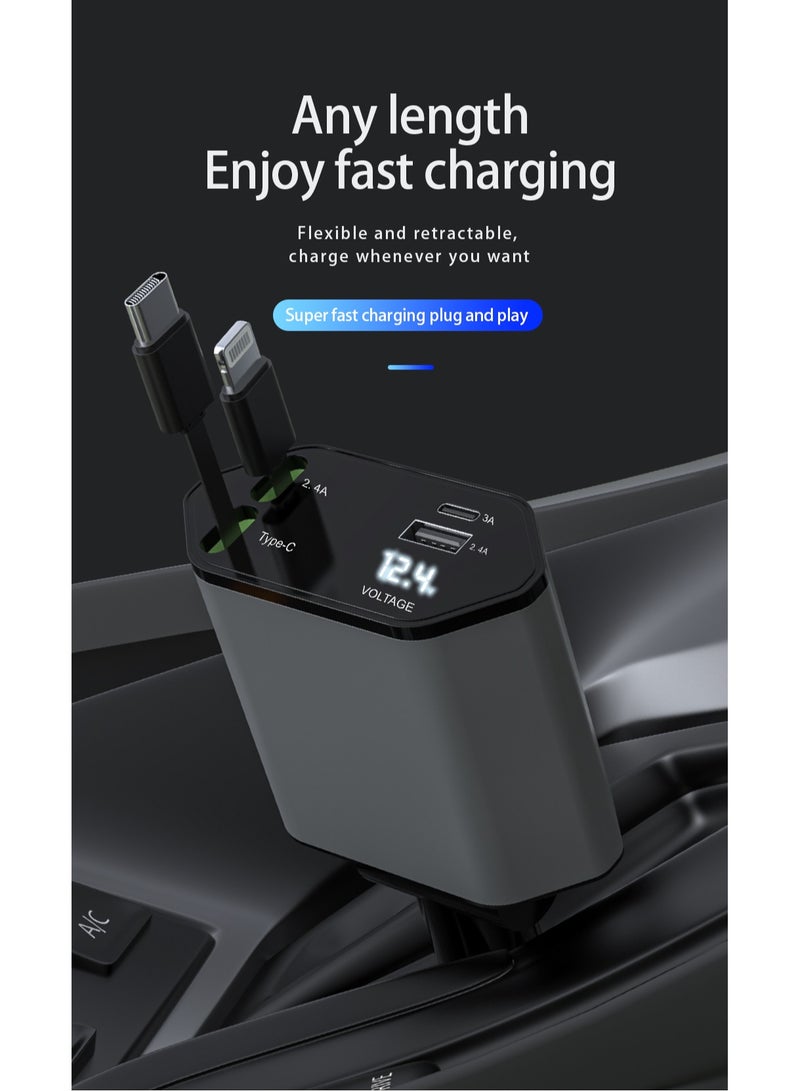 Retractable Car Charger, 4-in-1 Fast Car Phone Charger with 2 Retractable Cable and Type-C & Quick Charge USB Port for iPhone 15/14/13/12Pro Max/XR/XS,Galaxy,Pixel  - Image 2