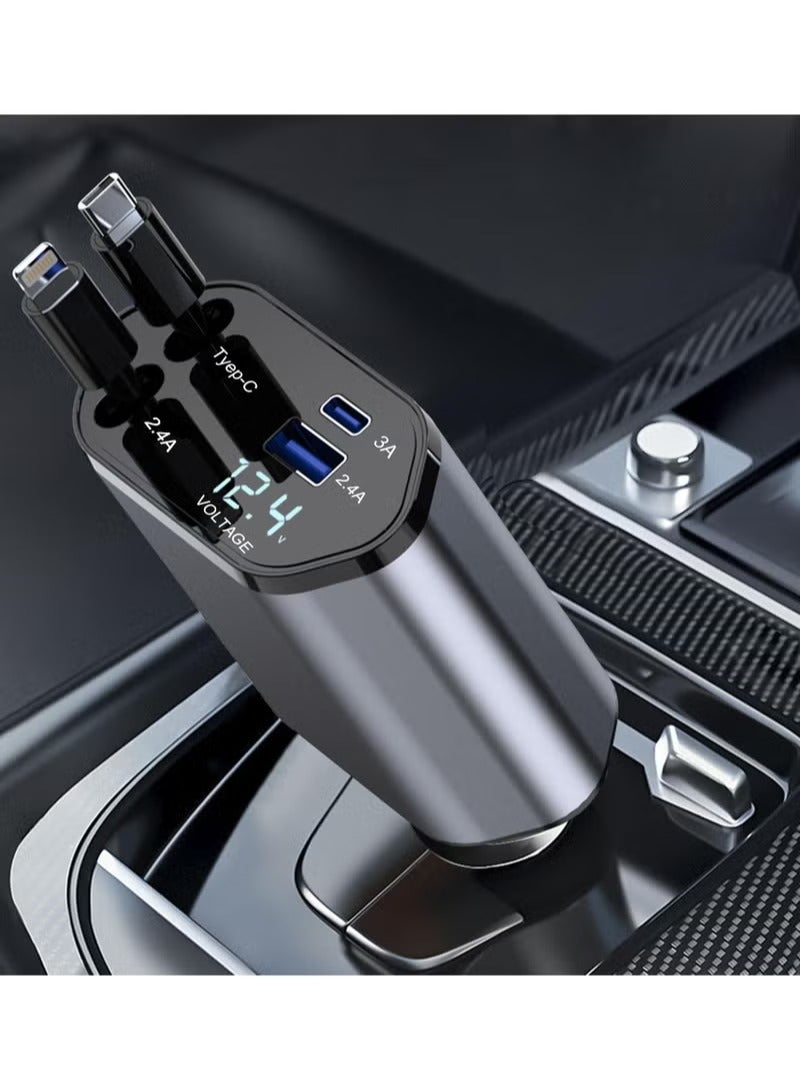 Retractable Car Charger, 4-in-1 Fast Car Phone Charger with 2 Retractable Cable and Type-C & Quick Charge USB Port for iPhone 15/14/13/12Pro Max/XR/XS,Galaxy,Pixel - Image 1